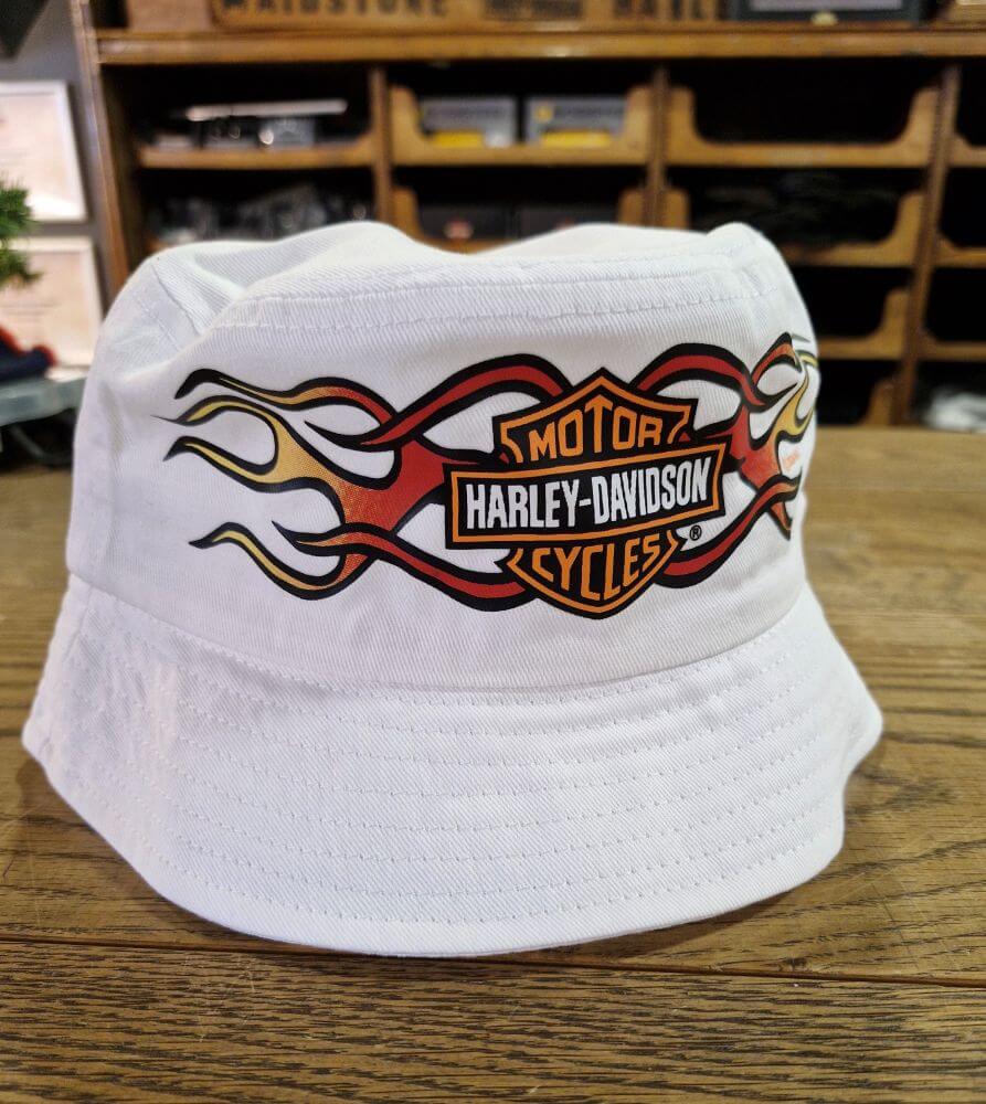 Harley Davidson Boys Flaming Bar Shield Logo Twill Bucket Hat Whi Maidstone Harley Davidson